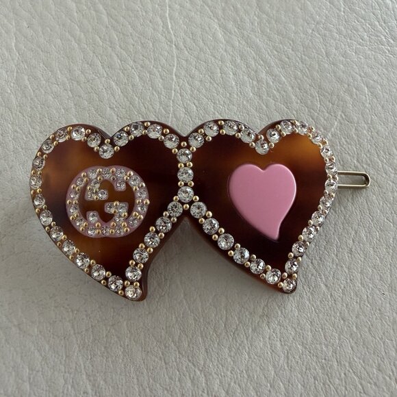 NEW GUCCI  Interlocking G Hearts Hair Clip $500 Brown Crystal main image 6